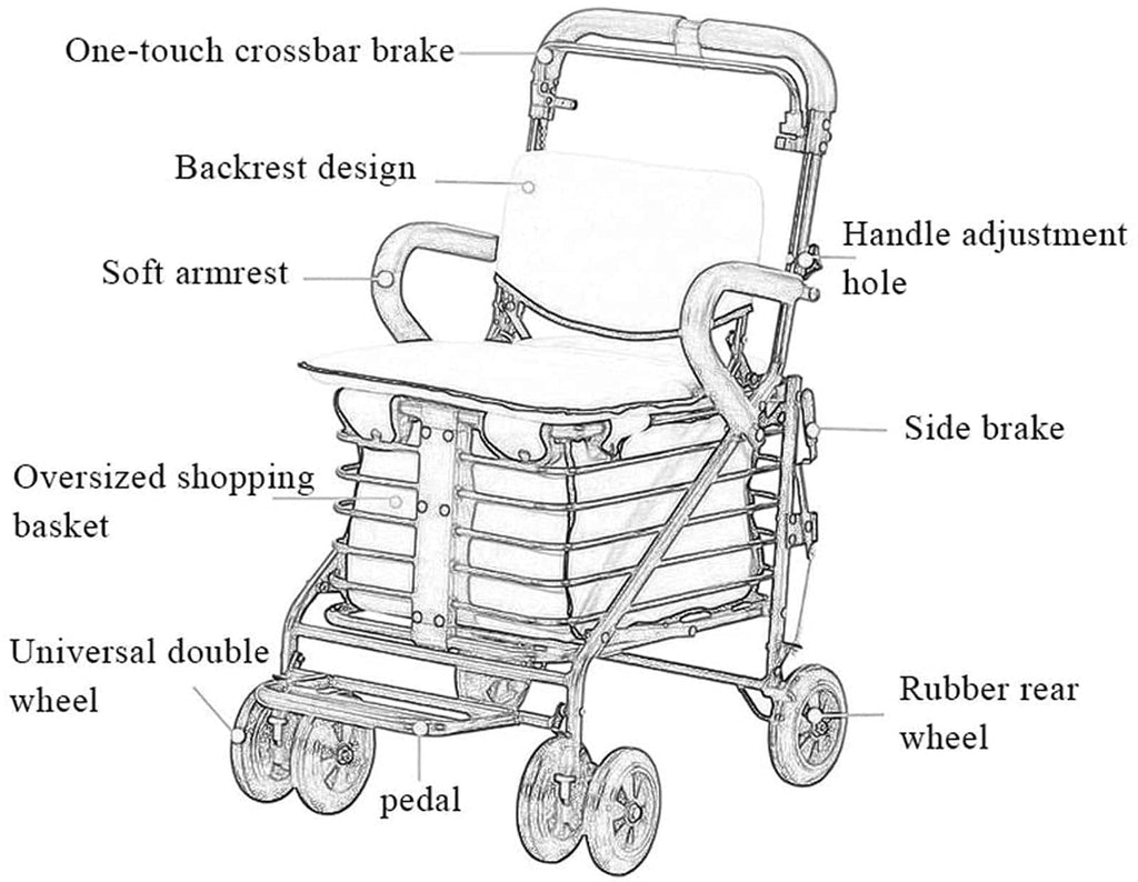 Rollator Walker Shopping Trolley with Seat Pedal Side Brake Red W3923