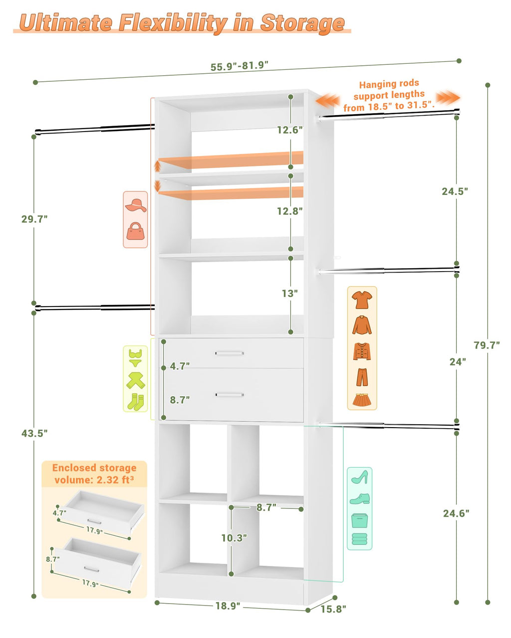 Small Closet System with 2 Wooden Drawers & 5 Hanging Rods, White L644221