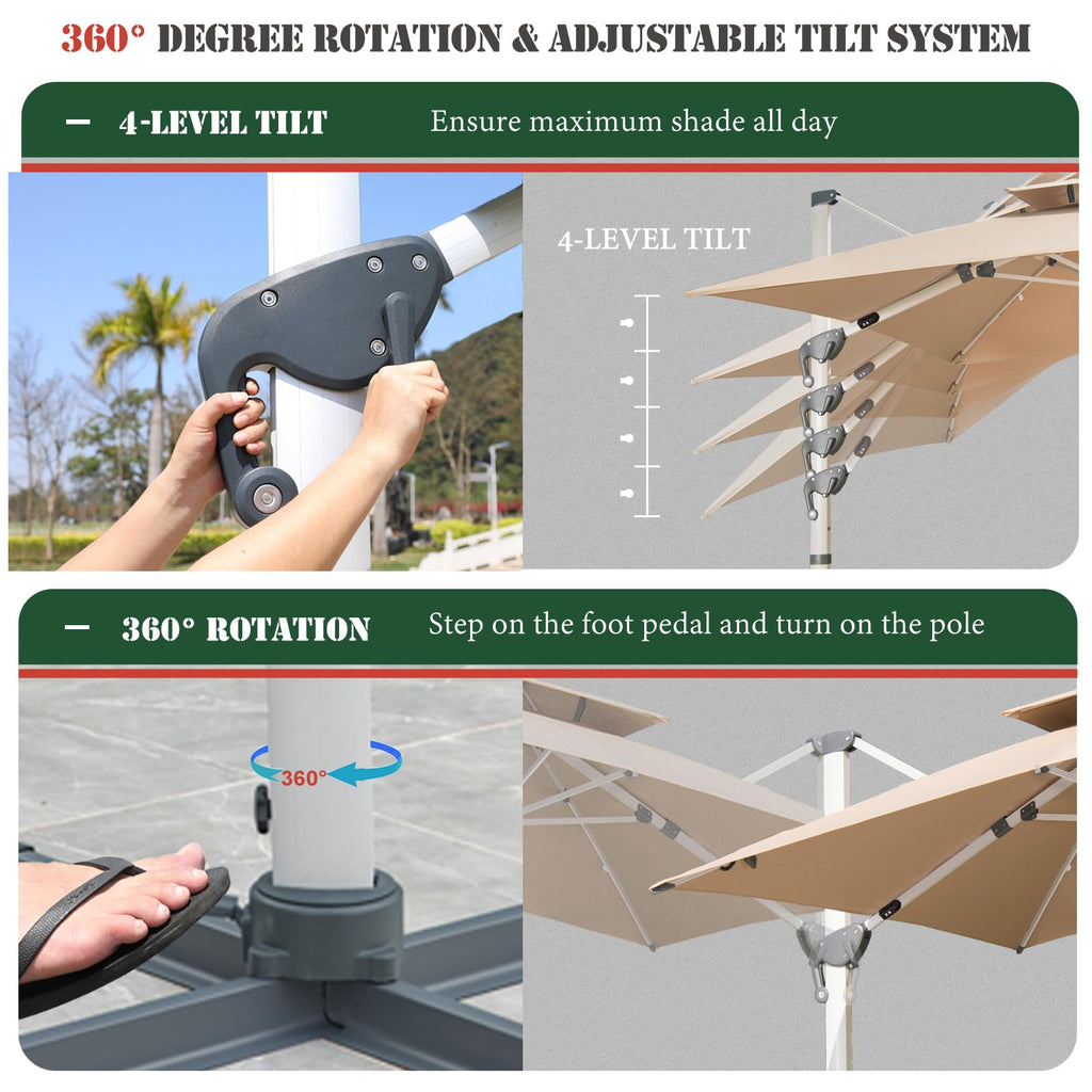 10 FT Square Cantilever Patio Umbrella with Solar LED Lights and Cross Base, Khaki J1313