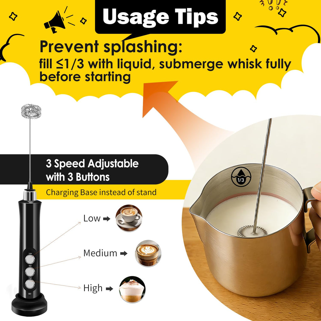 Rechargeable Handheld Milk Frother with 3 Stainless Steel Whisks Q96199