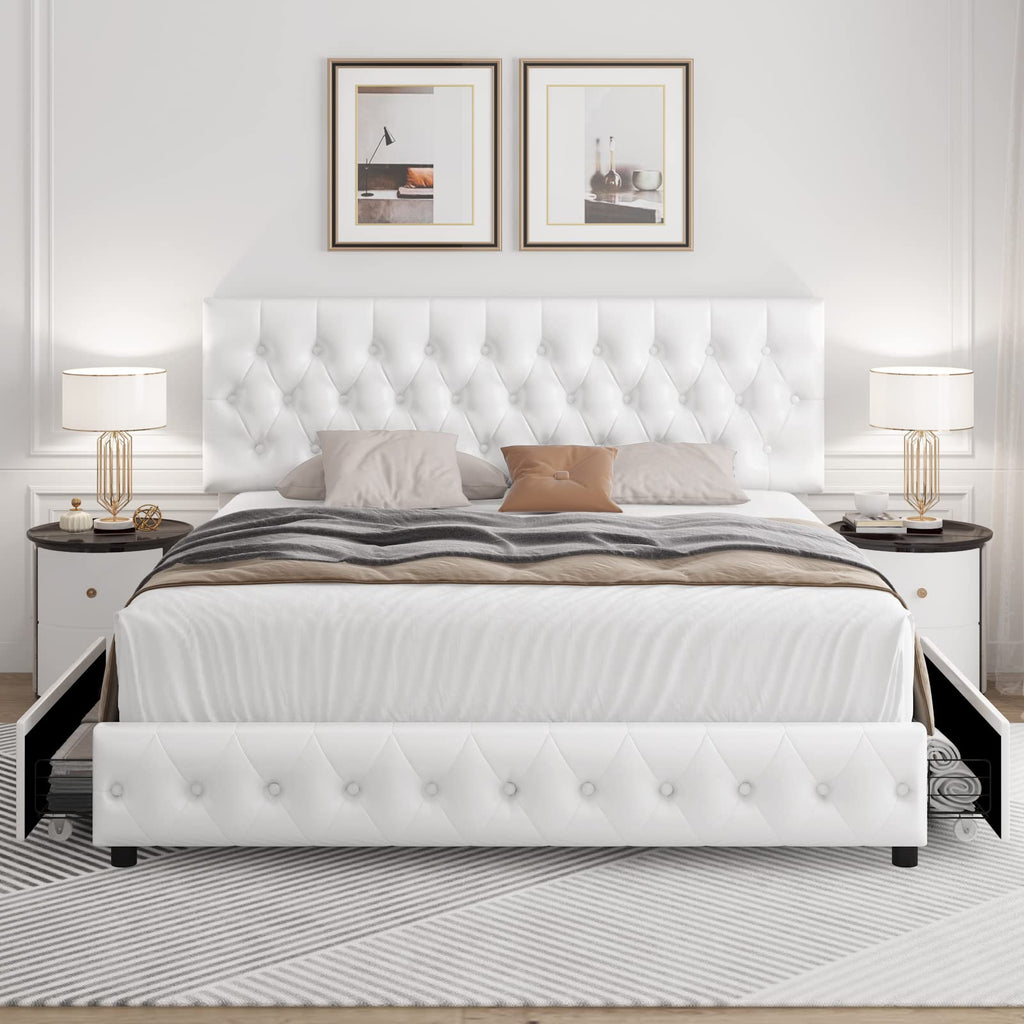 Full Size White Faux Leather Upholstered Platform Bed Frame with 4 Storage Drawers M4268