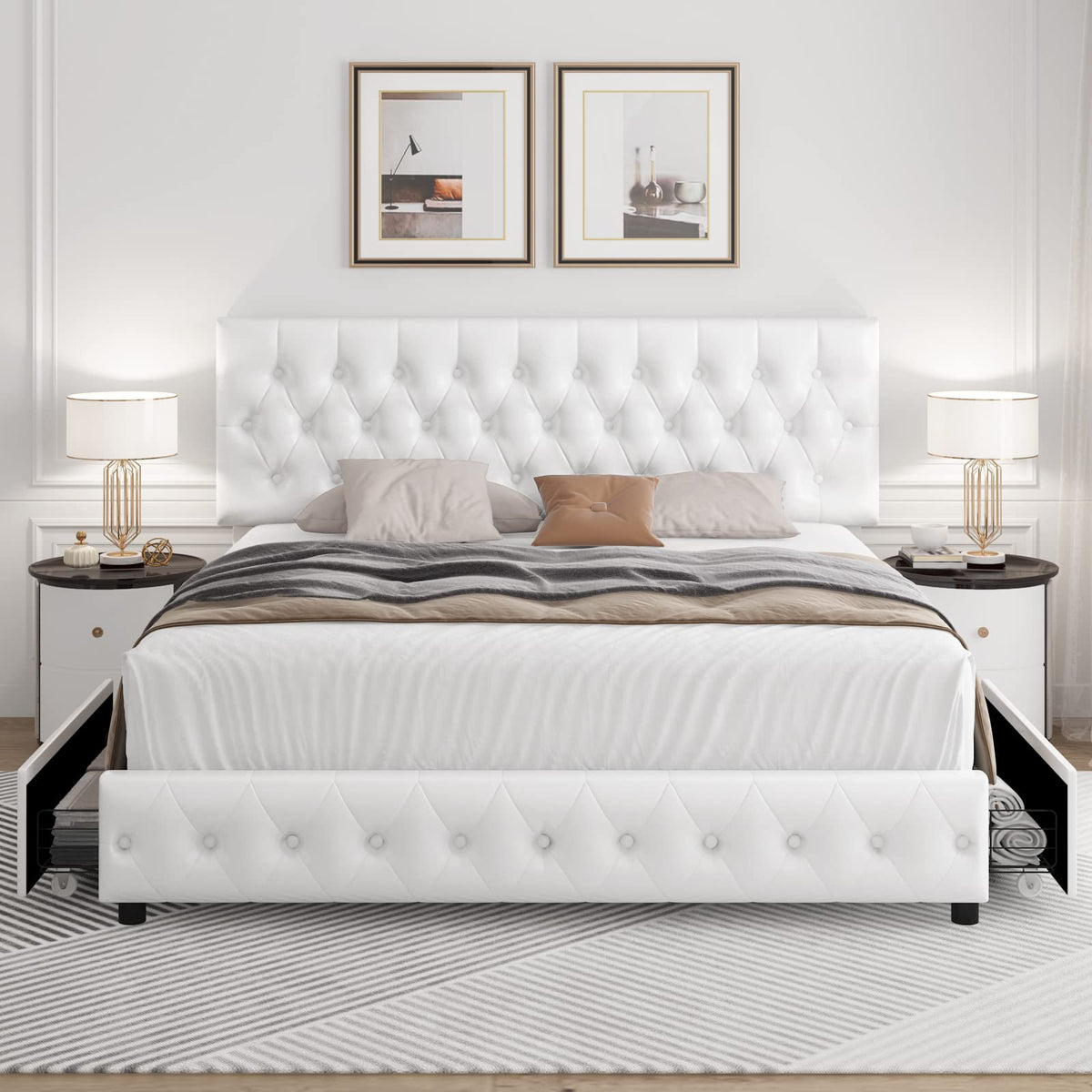 Full Size White Faux Leather Upholstered Platform Bed Frame with 4 Storage Drawers M4268