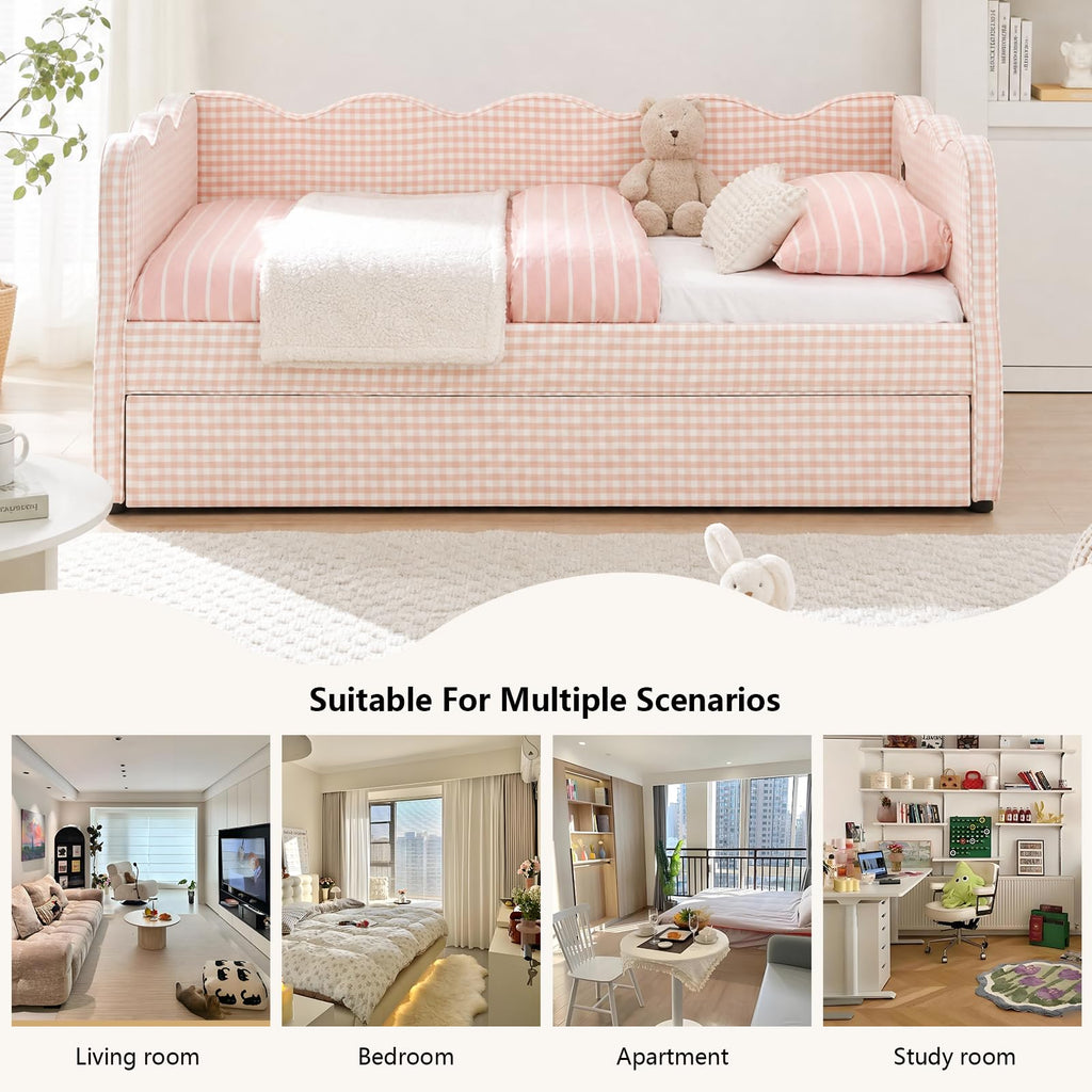 Pink Twin Size Linen Upholstered Daybed with Trundle A4186