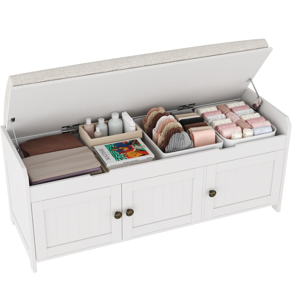 White Lift Top Storage Shoe Bench with Cushioned Seat D5076