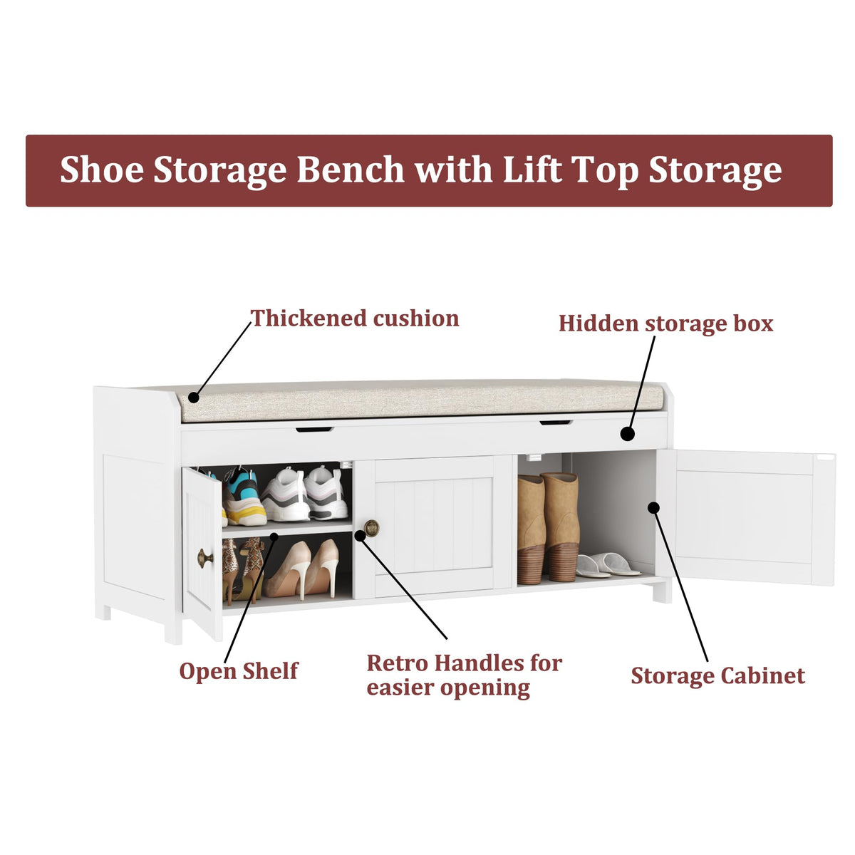 White Lift Top Storage Shoe Bench with Cushioned Seat D5076