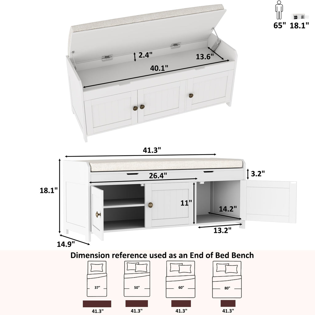 White Lift Top Storage Shoe Bench with Cushioned Seat D5076