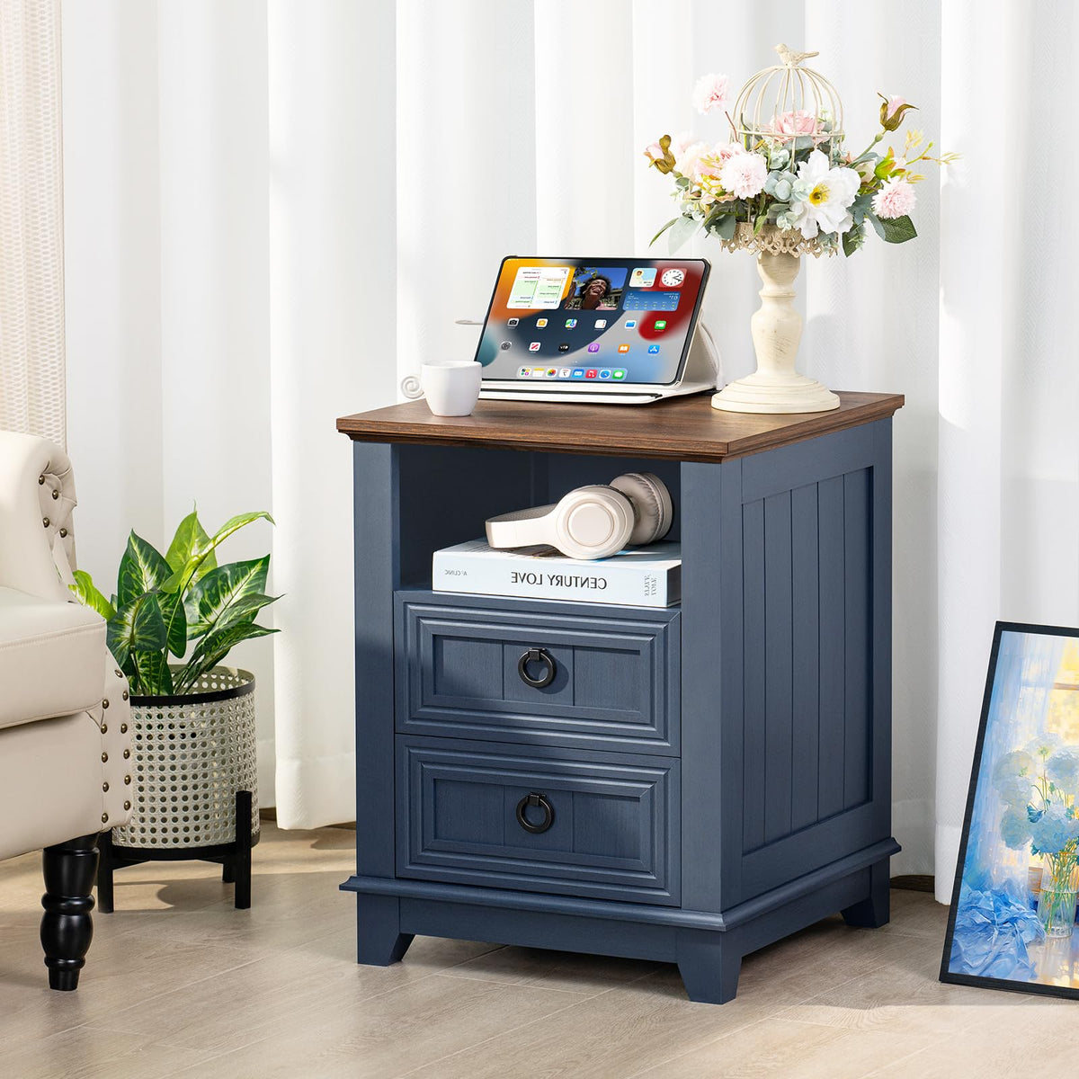18" Blue Wooden Nightstand Set of 2 with Charging Station A16955