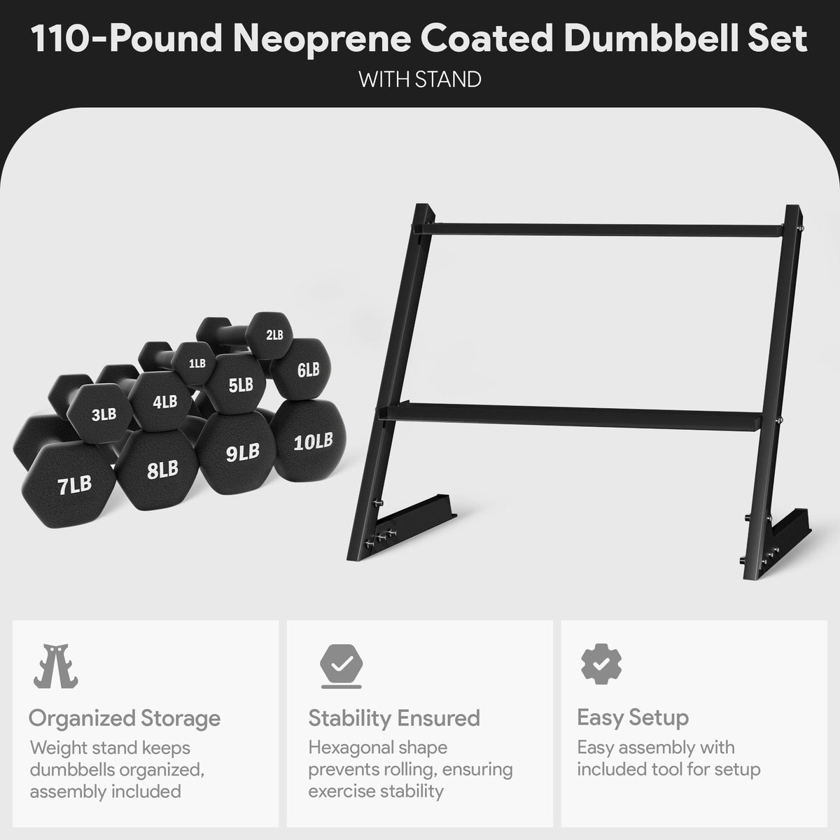 Neoprene Coated Iron Dumbbell Set with Stand X885879