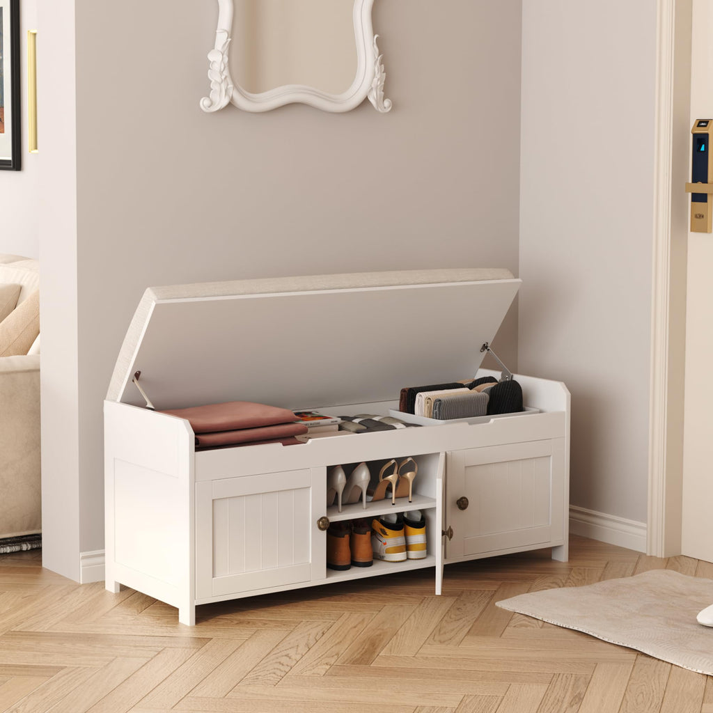 White Lift Top Storage Shoe Bench with Cushioned Seat D5076