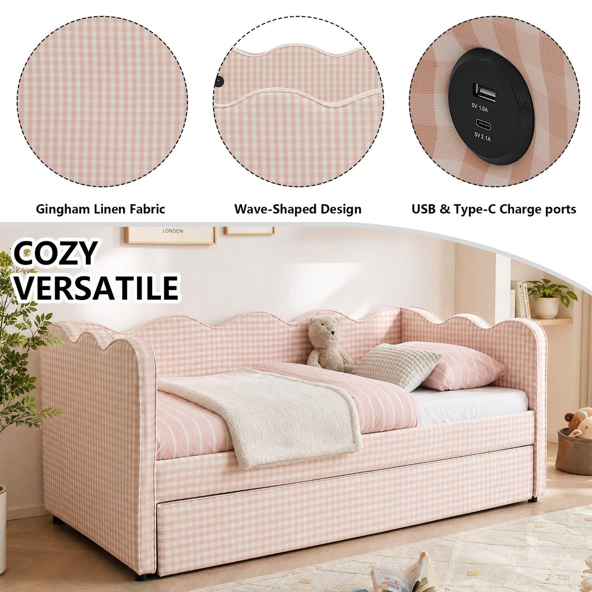 Pink Twin Size Linen Upholstered Daybed with Trundle A4186