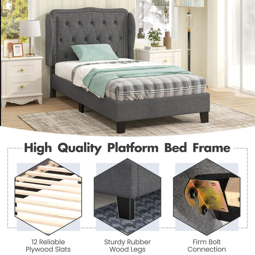 Grey Linen Upholstered Twin Bed Frame with Headboard D75497