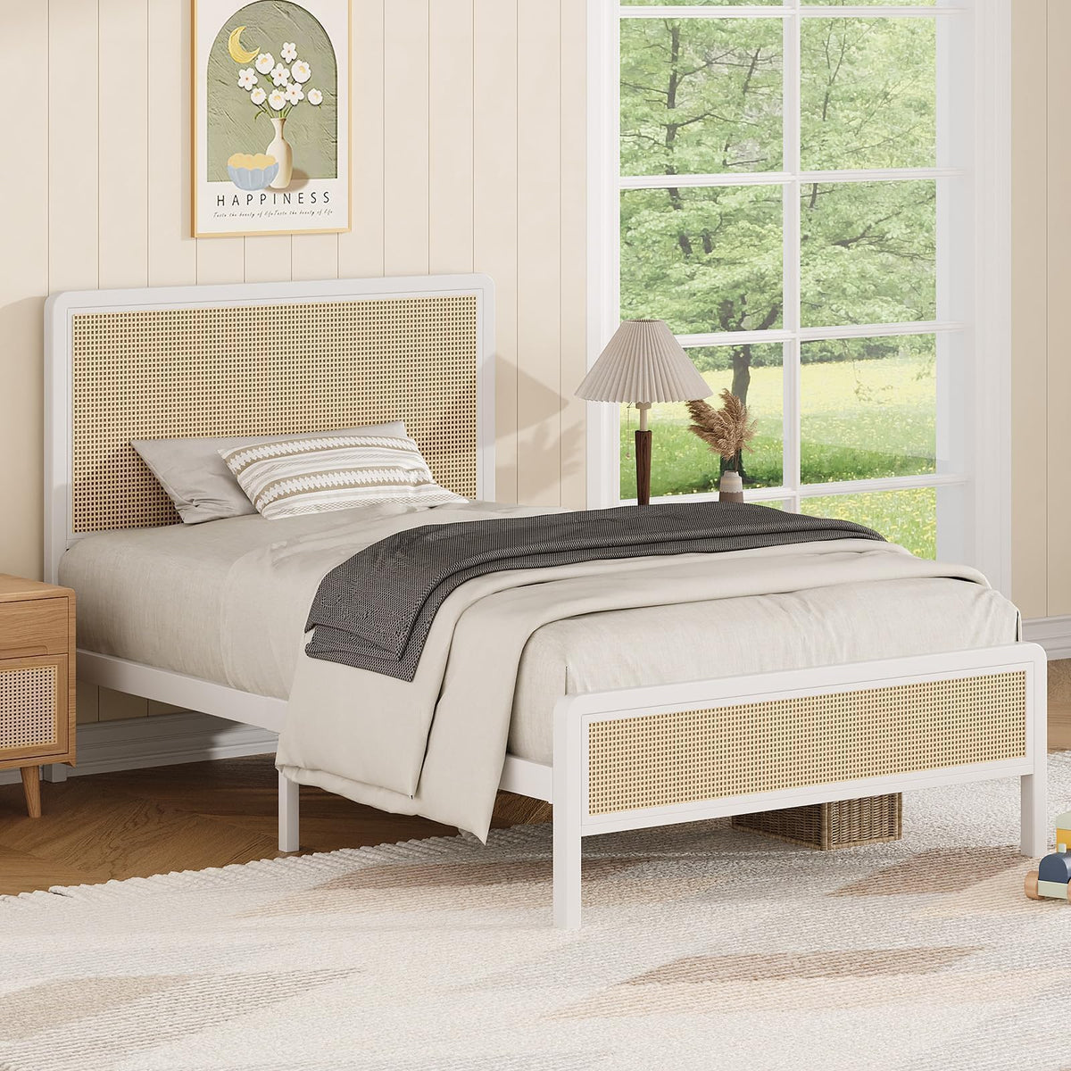 White Rattan Twin Bed Frame with Headboard L35811