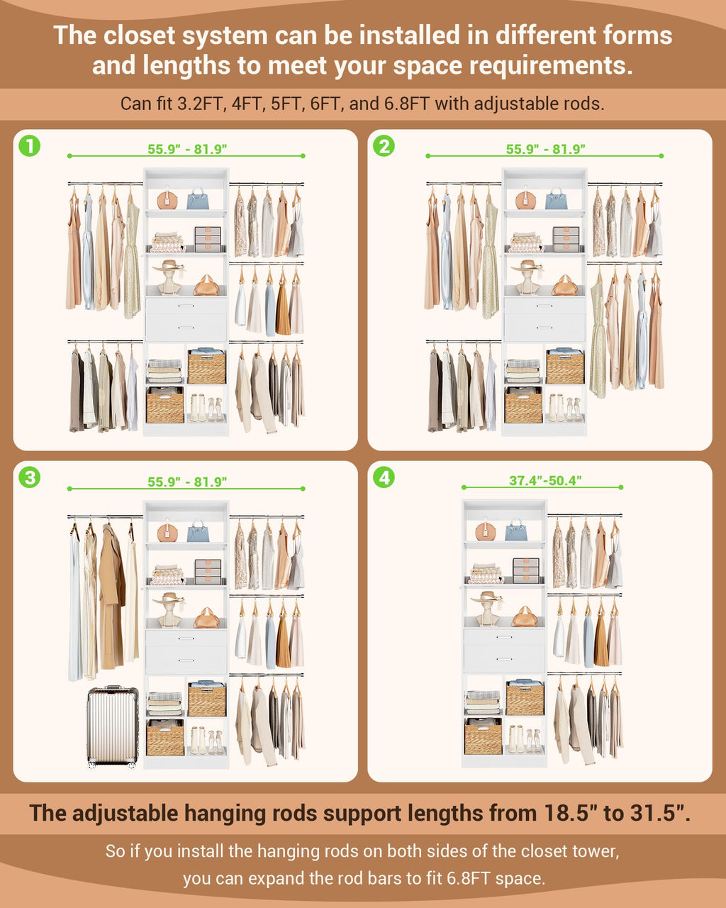 Small Closet System with 2 Wooden Drawers & 5 Hanging Rods, White L644221