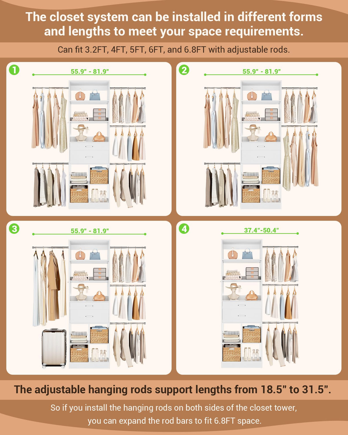 Small Closet System with 2 Wooden Drawers & 5 Hanging Rods, White L644221
