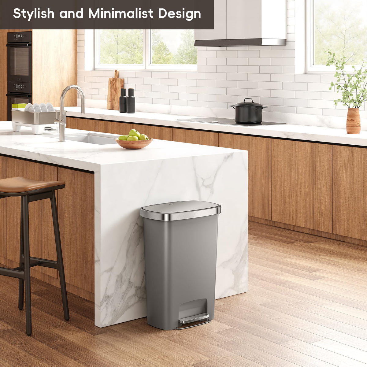 13.2 Gallon / 50L Grey Plastic Step Trash Can with Stainless Steel Lid K95115