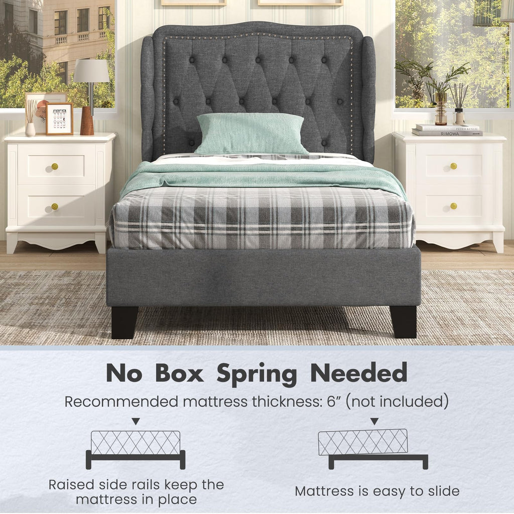 Grey Linen Upholstered Twin Bed Frame with Headboard D75497