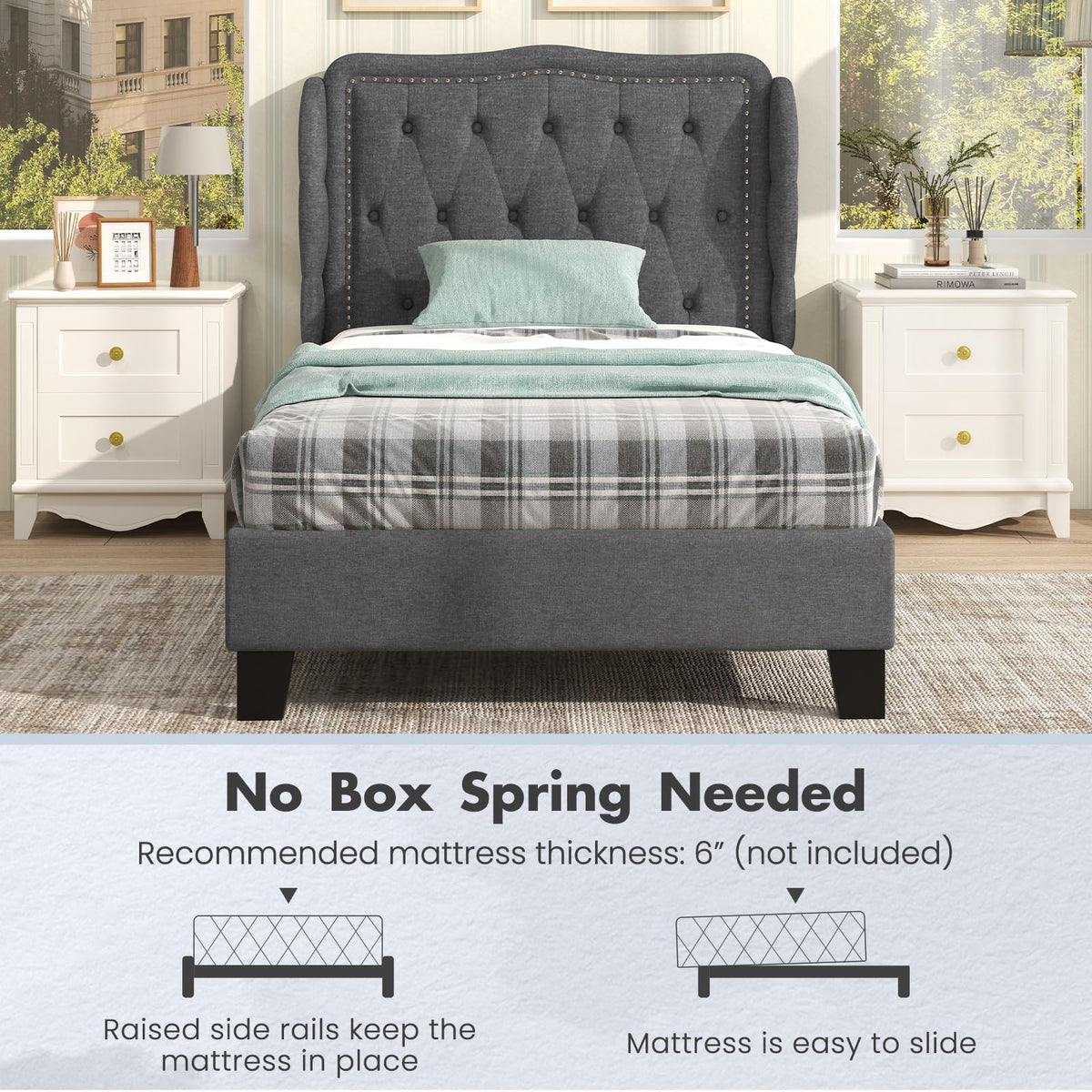 Grey Linen Upholstered Twin Bed Frame with Headboard D75497