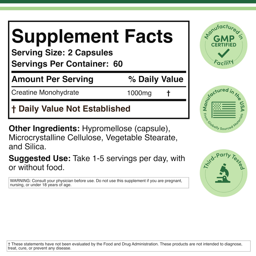 Creatine Monohydrate Capsules 1,000mg Vegan 120 Capsules O420779
