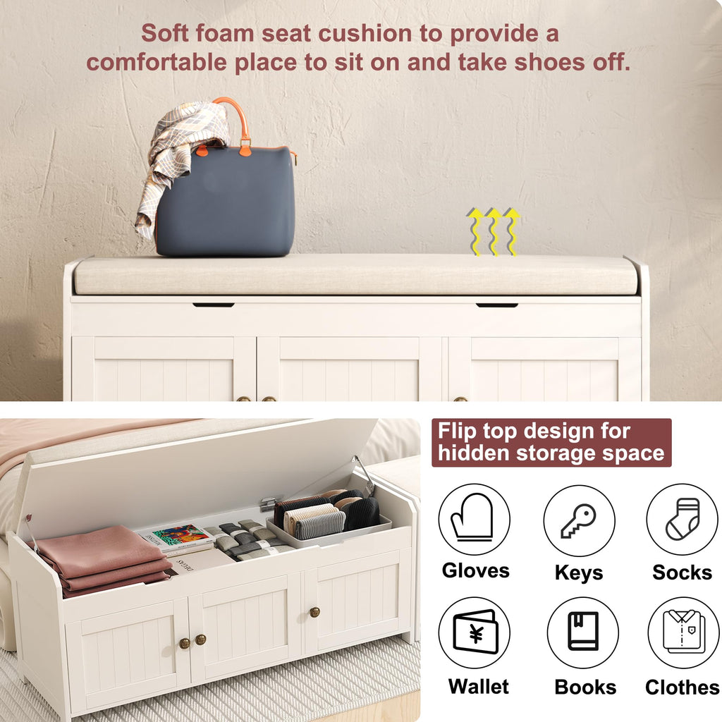 White Lift Top Storage Shoe Bench with Cushioned Seat D5076