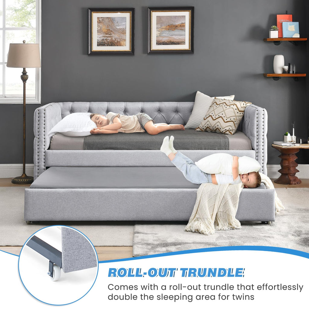 Linen Upholstered Twin Size Daybed with Trundle P76593