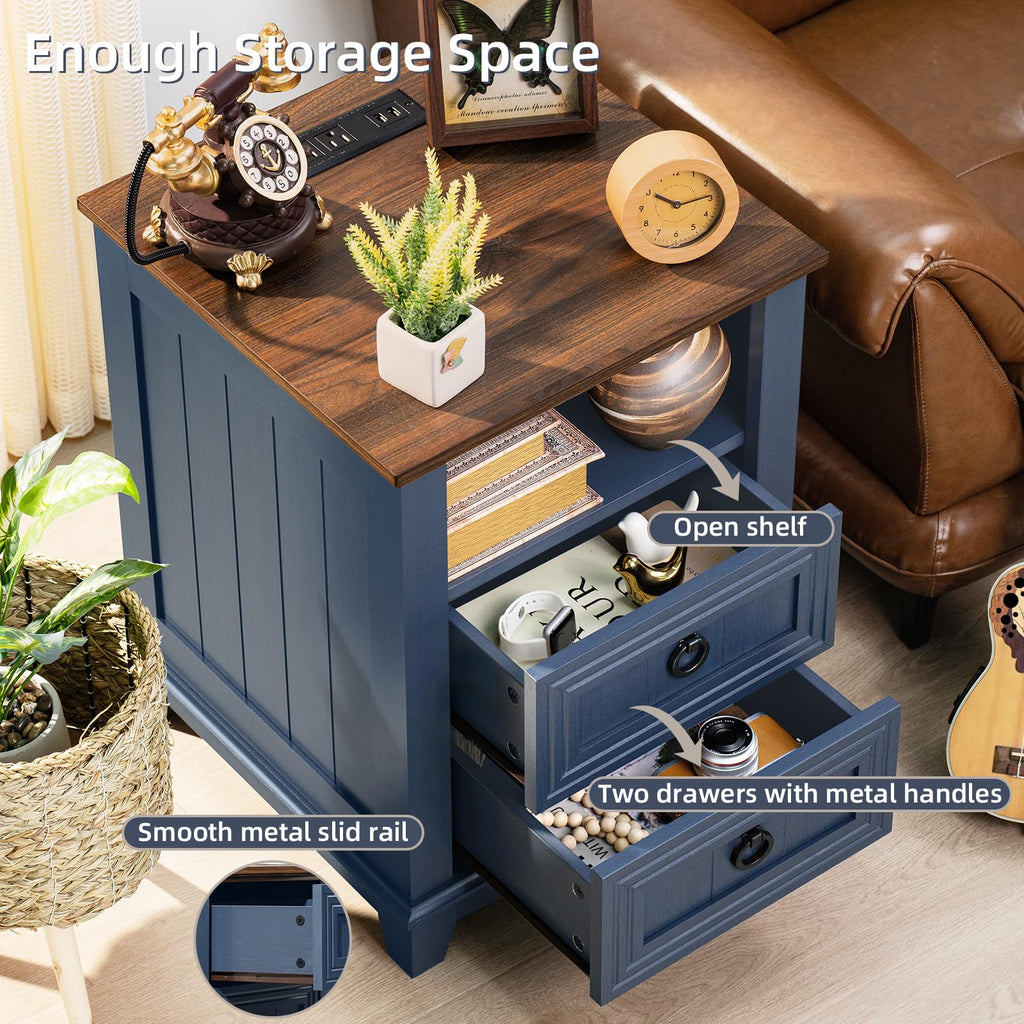 18" Blue Wooden Nightstand Set of 2 with Charging Station A16955