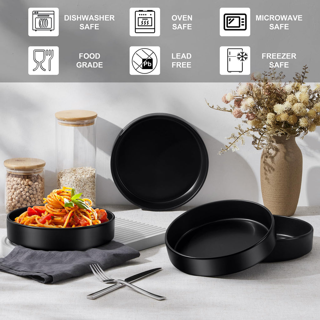 Stoneware Dinnerware Set, 12-Piece Plates and Bowls, Set of 4, Matte Black N943