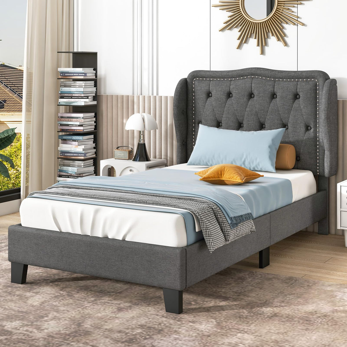 Grey Linen Upholstered Twin Bed Frame with Headboard D75497