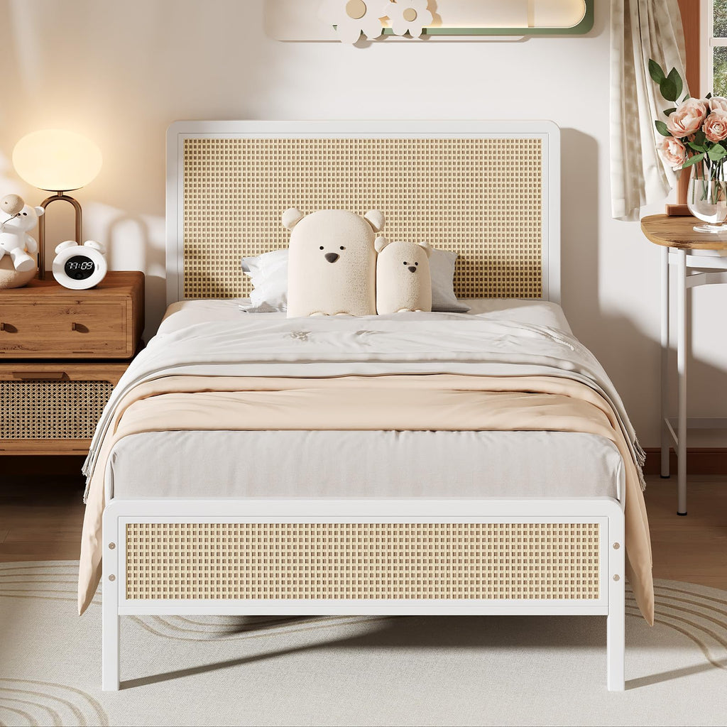 White Rattan Twin Bed Frame with Headboard L35811