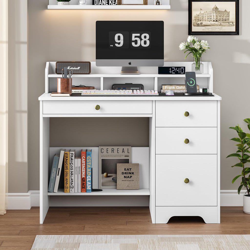 White Computer Desk with Drawers and Hutch Shelf Y561