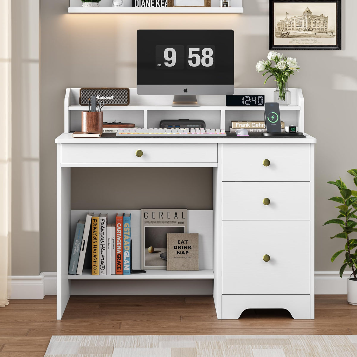 White Computer Desk with Drawers and Hutch Shelf Y561