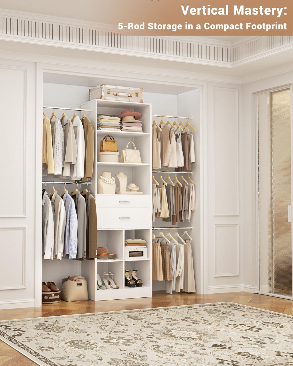 Small Closet System with 2 Wooden Drawers & 5 Hanging Rods, White L644221
