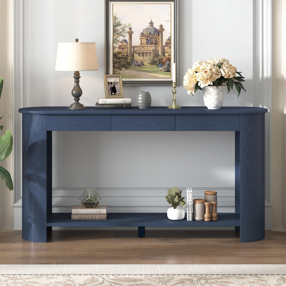 Curved Console Table with 3 Drawers and Bottom Shelf Y679424