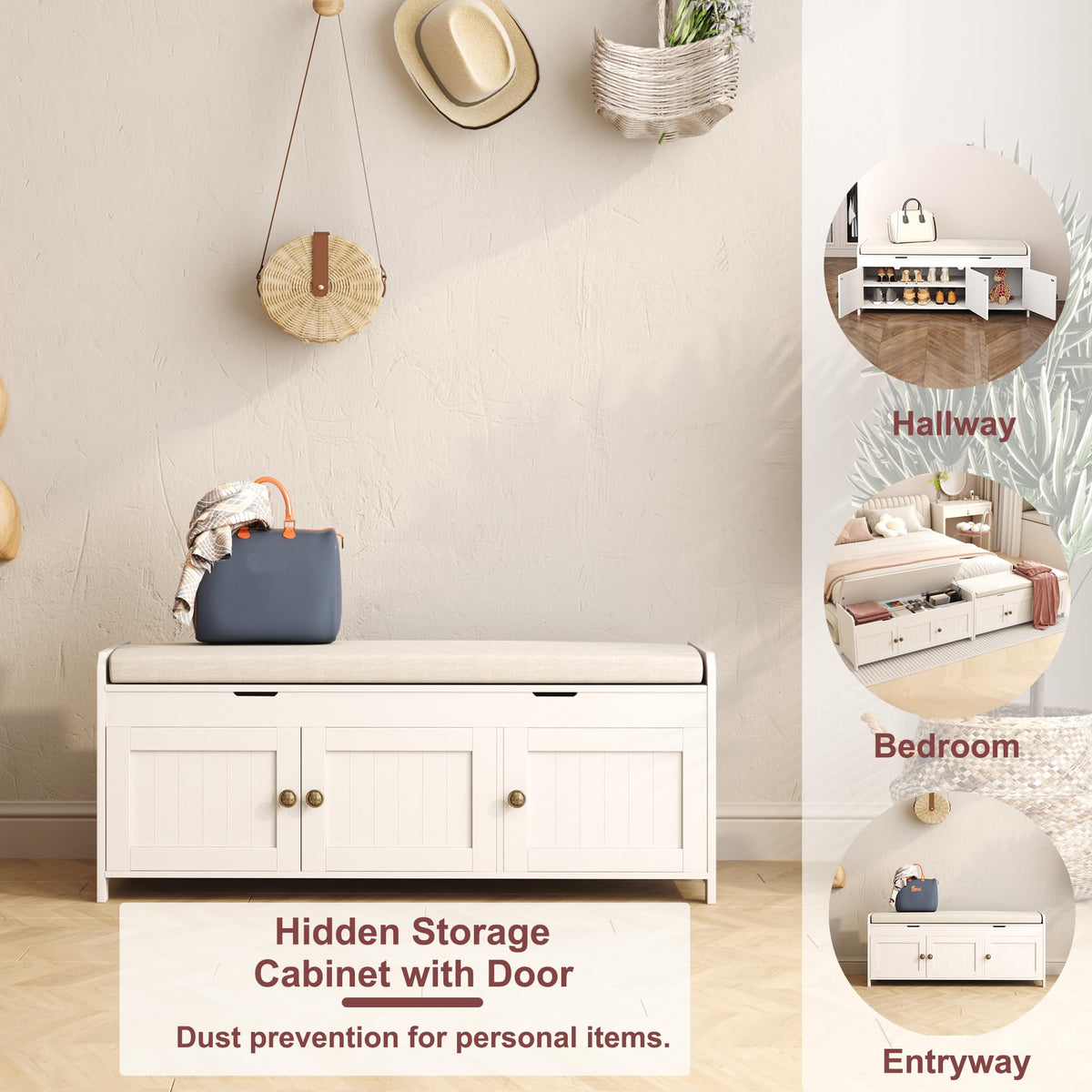 White Lift Top Storage Shoe Bench with Cushioned Seat D5076