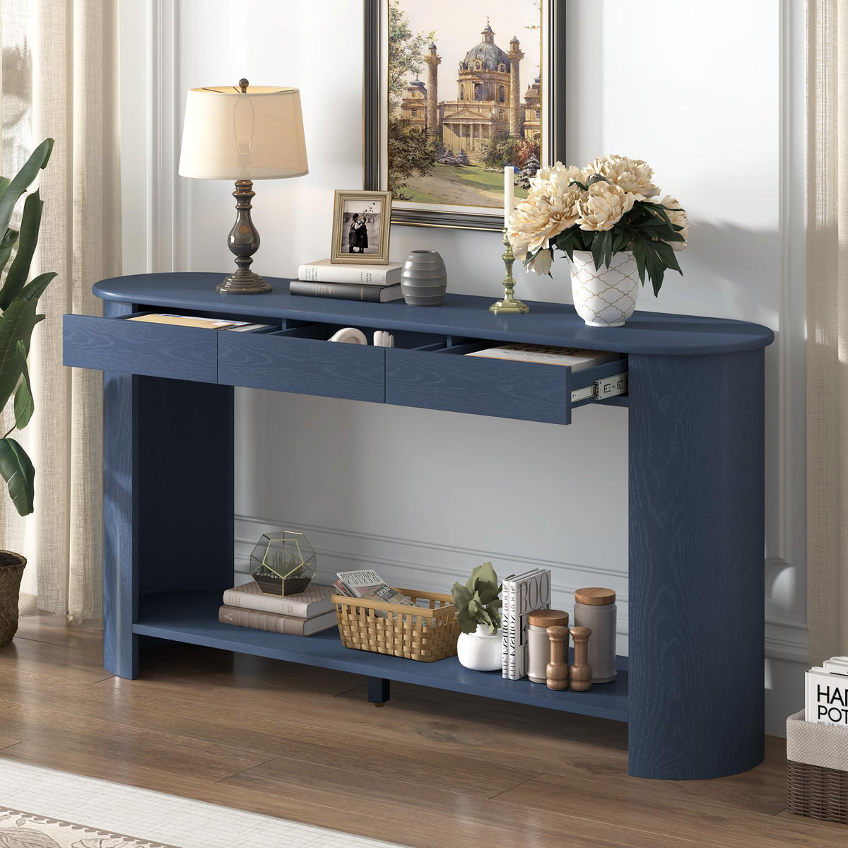 Curved Console Table with 3 Drawers and Bottom Shelf Y679424