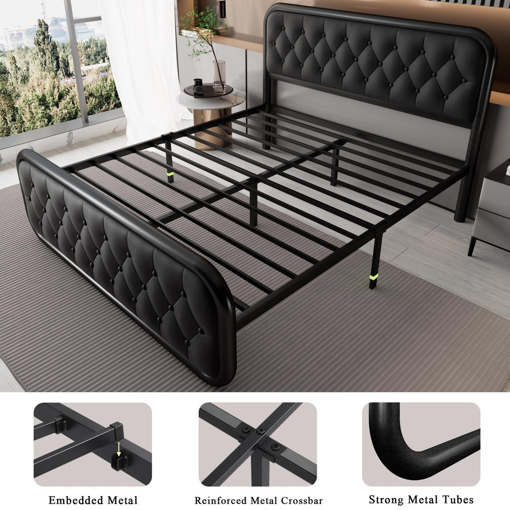 Full Size Upholstered Platform Bed Frame with Faux Leather Headboard N1737
