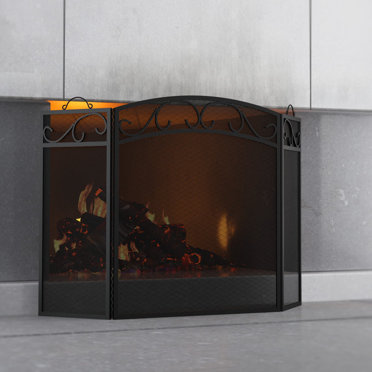 Black 3 Panel Wrought Iron Fireplace Screen H400390