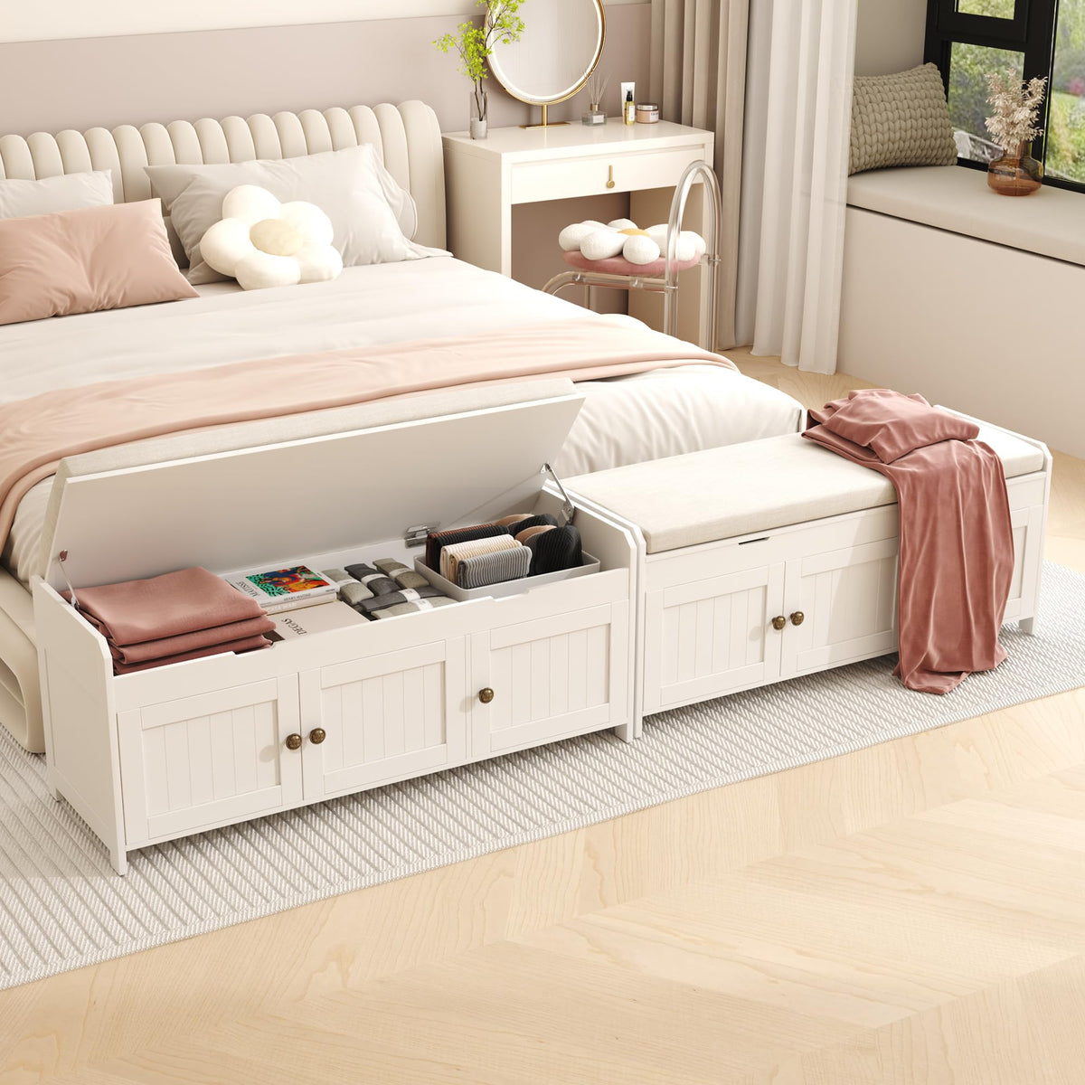 White Lift Top Storage Shoe Bench with Cushioned Seat D5076