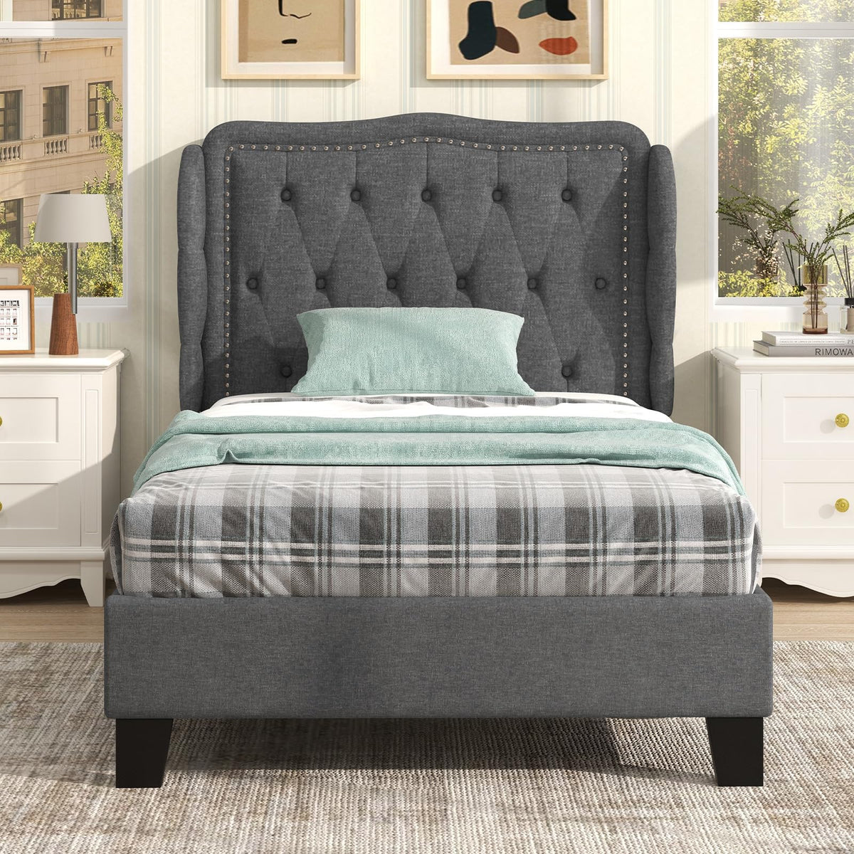 Grey Linen Upholstered Twin Bed Frame with Headboard D75497