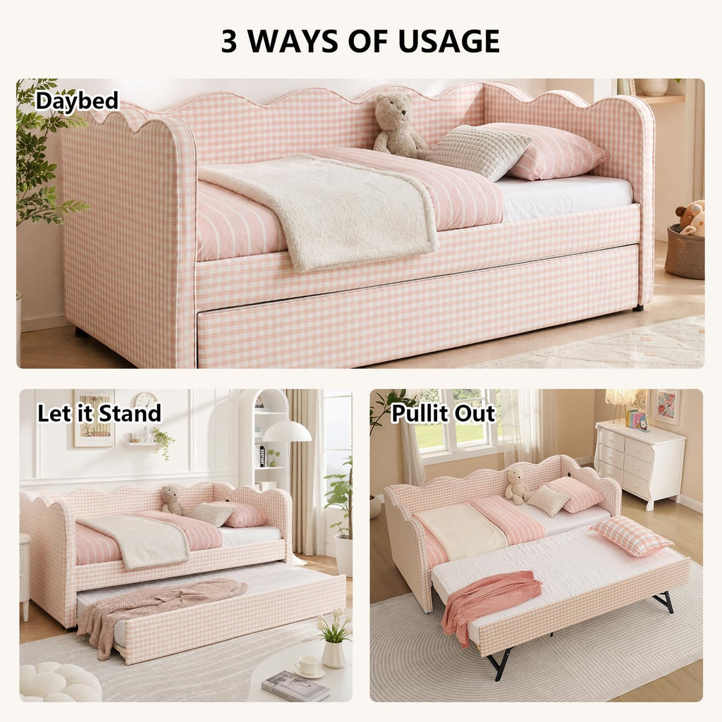 Pink Twin Size Linen Upholstered Daybed with Trundle A4186