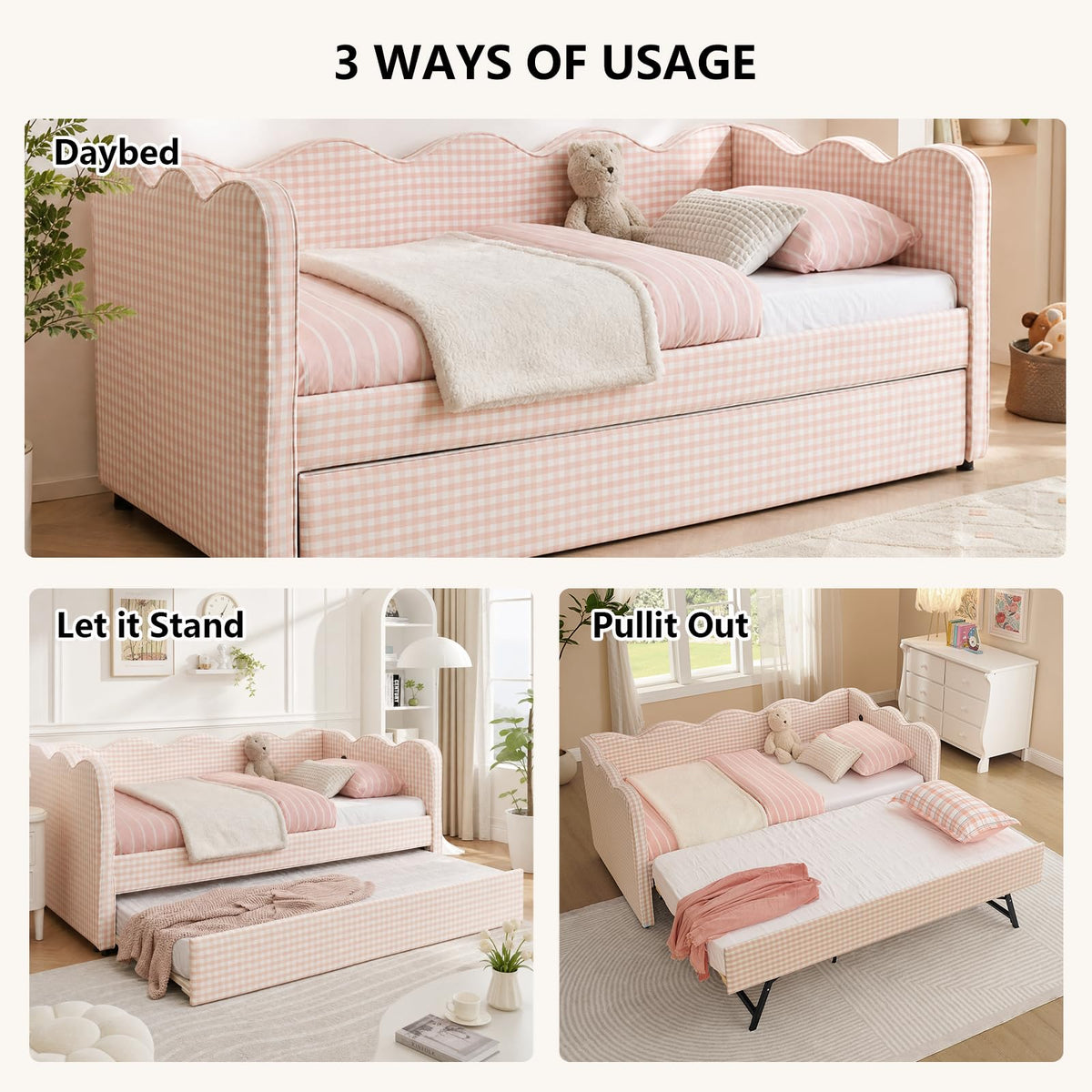 Pink Twin Size Linen Upholstered Daybed with Trundle A4186