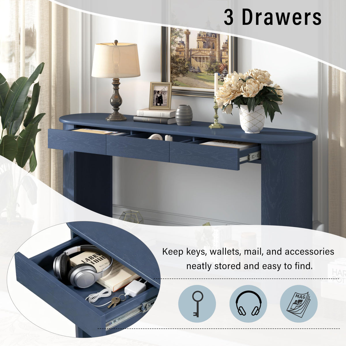 Curved Console Table with 3 Drawers and Bottom Shelf Y679424