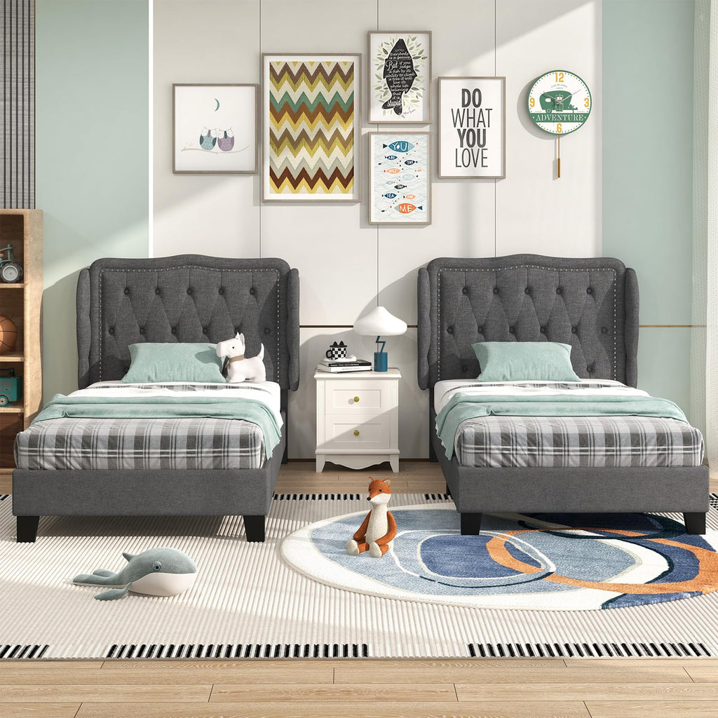 Grey Linen Upholstered Twin Bed Frame with Headboard D75497