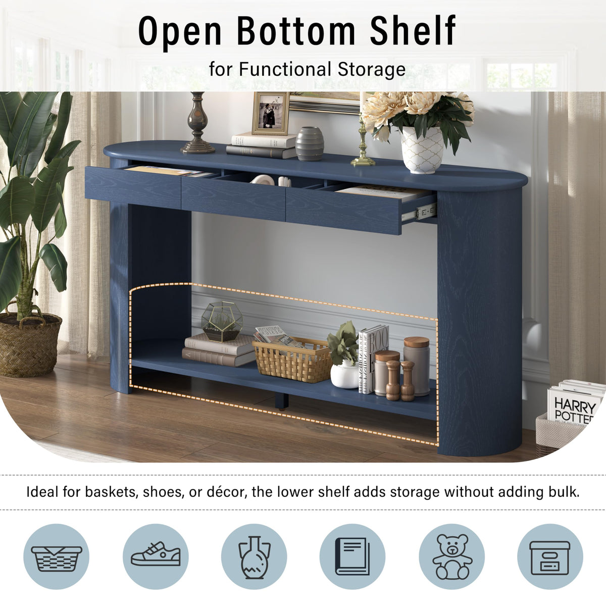 Curved Console Table with 3 Drawers and Bottom Shelf Y679424