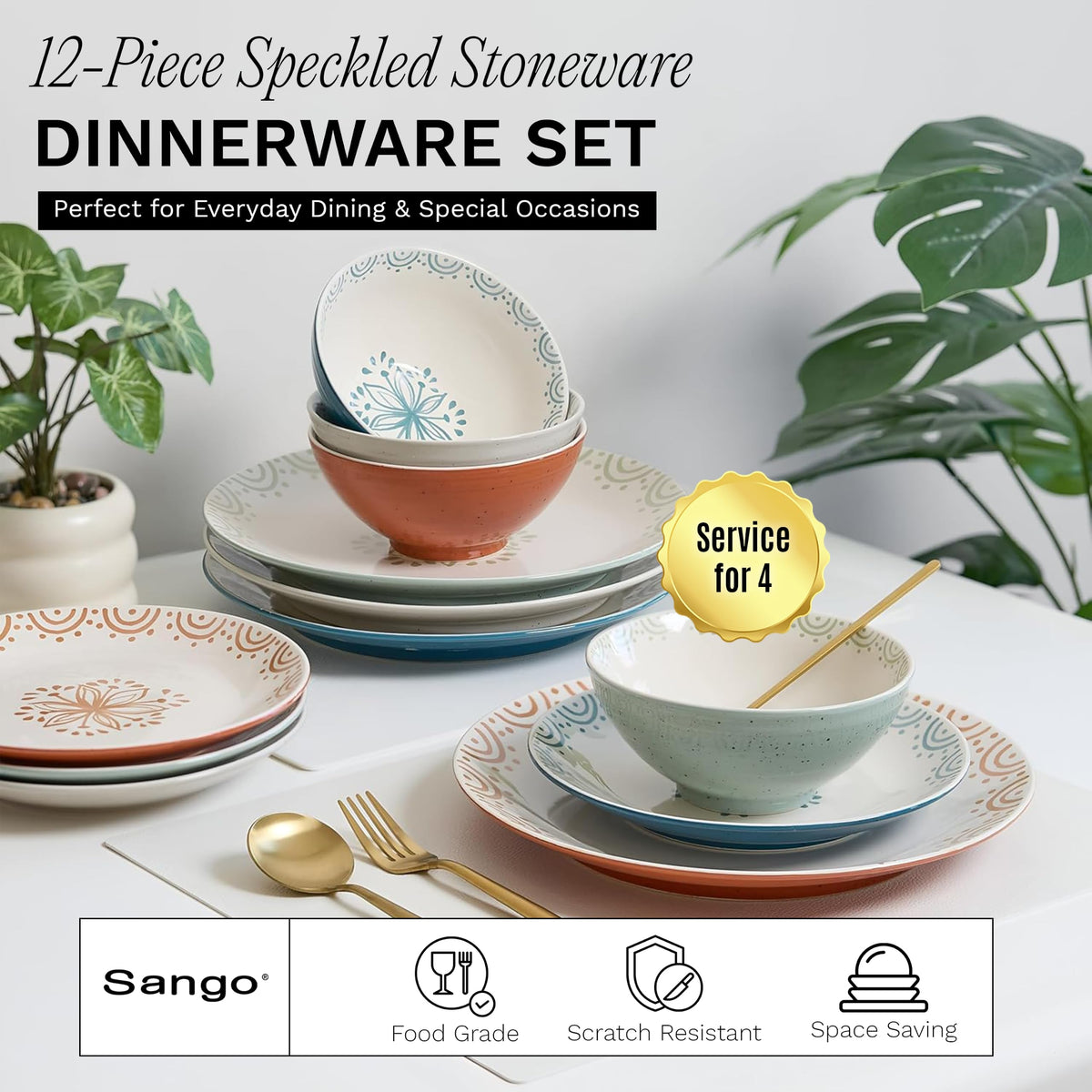 12-Piece Speckled Stoneware Dinnerware Set for 4 H462141