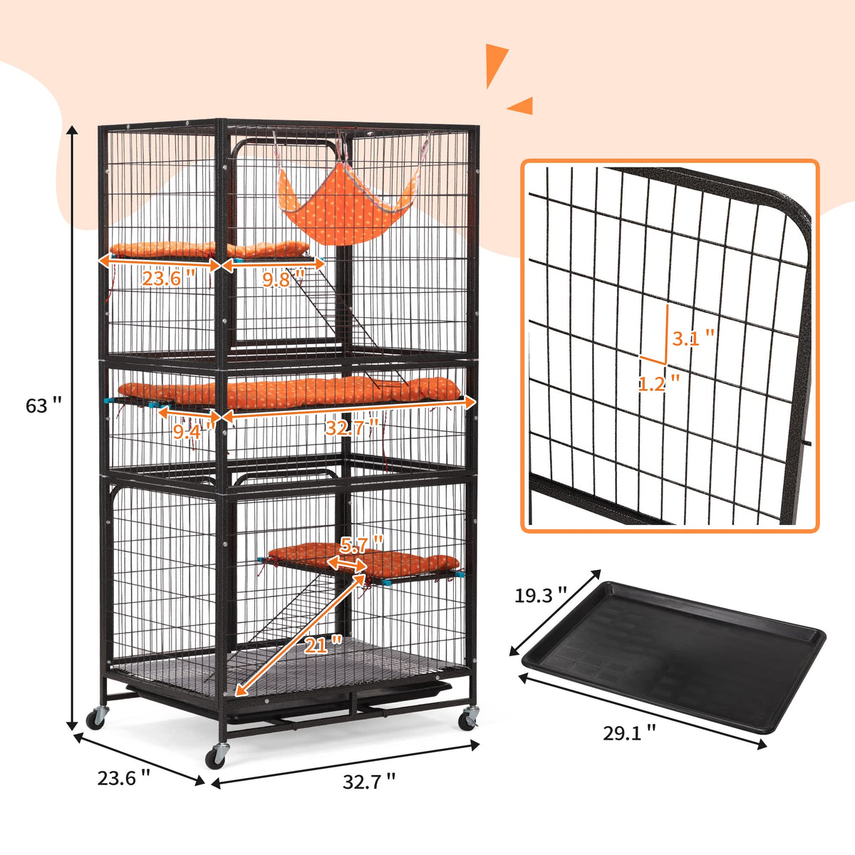 4-Tier Cat Cage with Hammock and Wheels, Black C8881