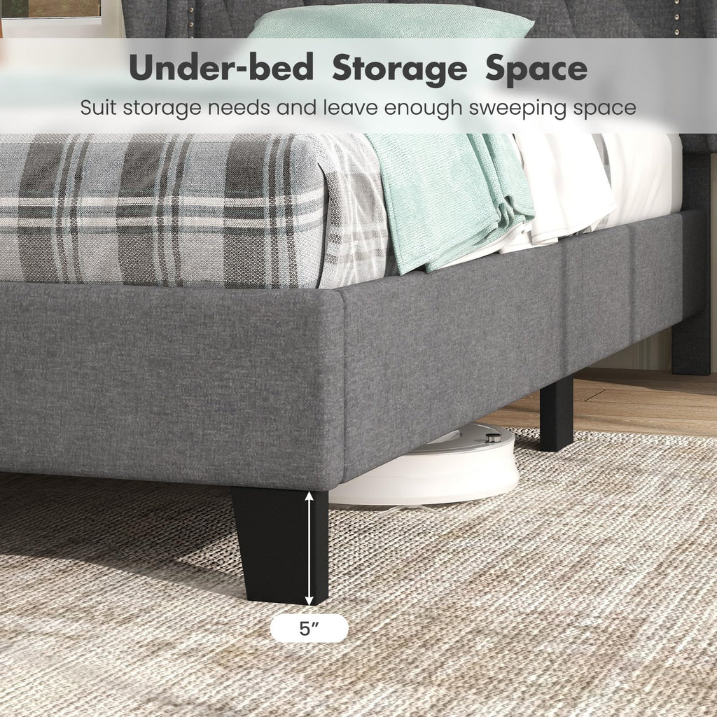 Grey Linen Upholstered Twin Bed Frame with Headboard D75497