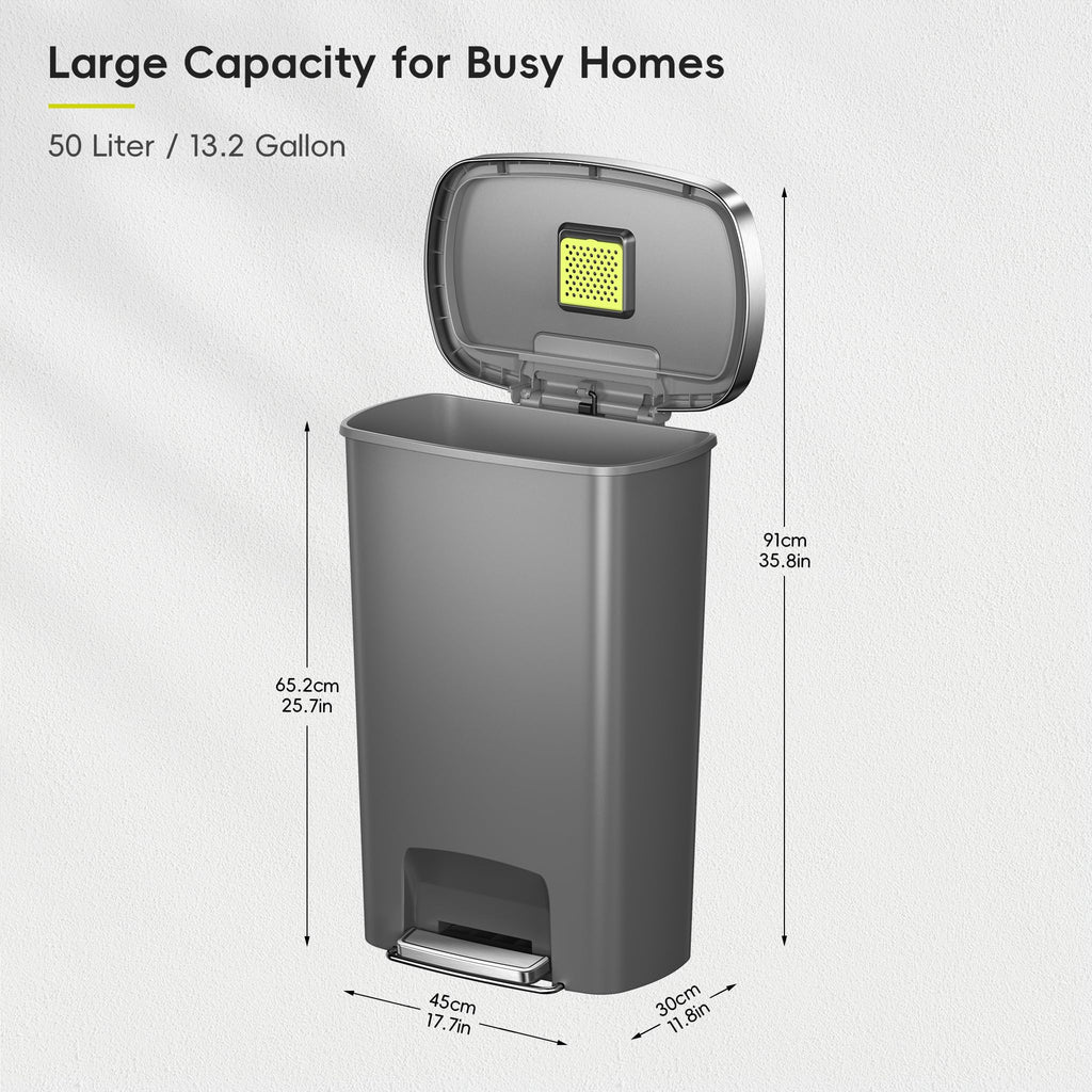 13.2 Gallon / 50L Grey Plastic Step Trash Can with Stainless Steel Lid K95115