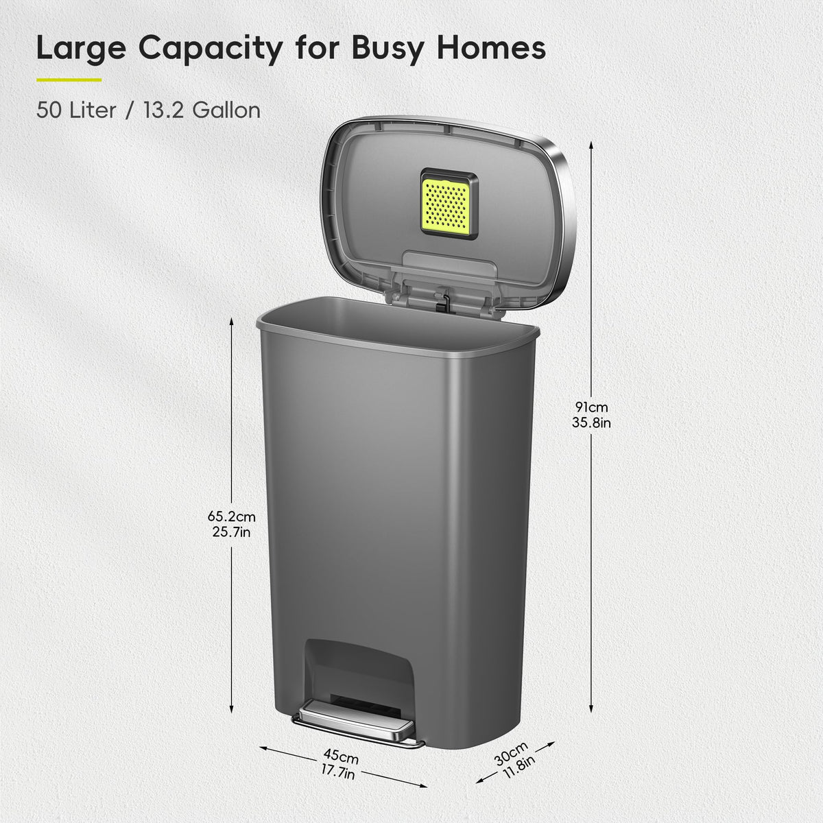 13.2 Gallon / 50L Grey Plastic Step Trash Can with Stainless Steel Lid K95115