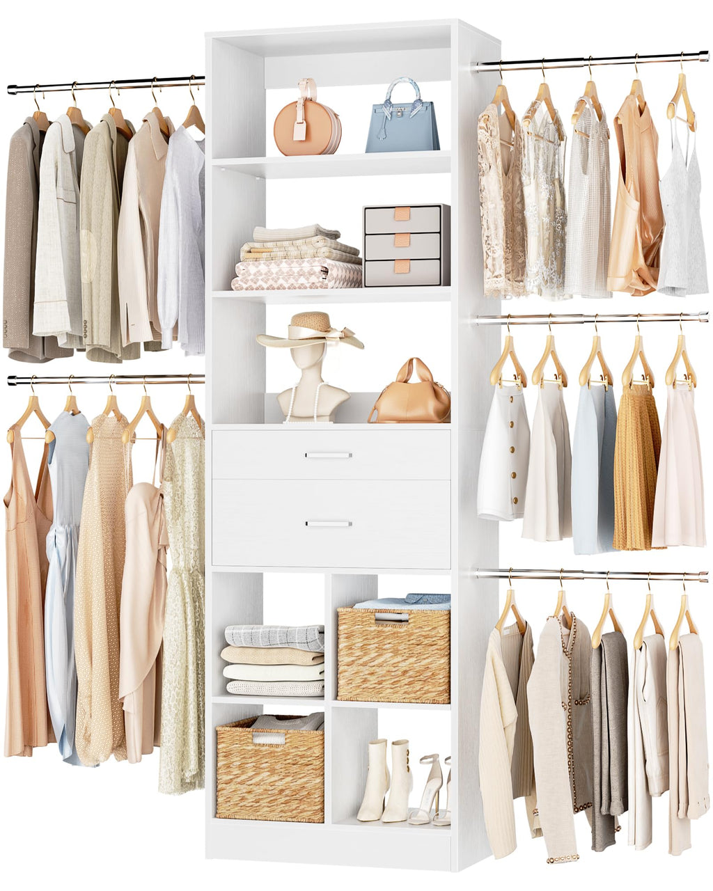 Small Closet System with 2 Wooden Drawers & 5 Hanging Rods, White L644221