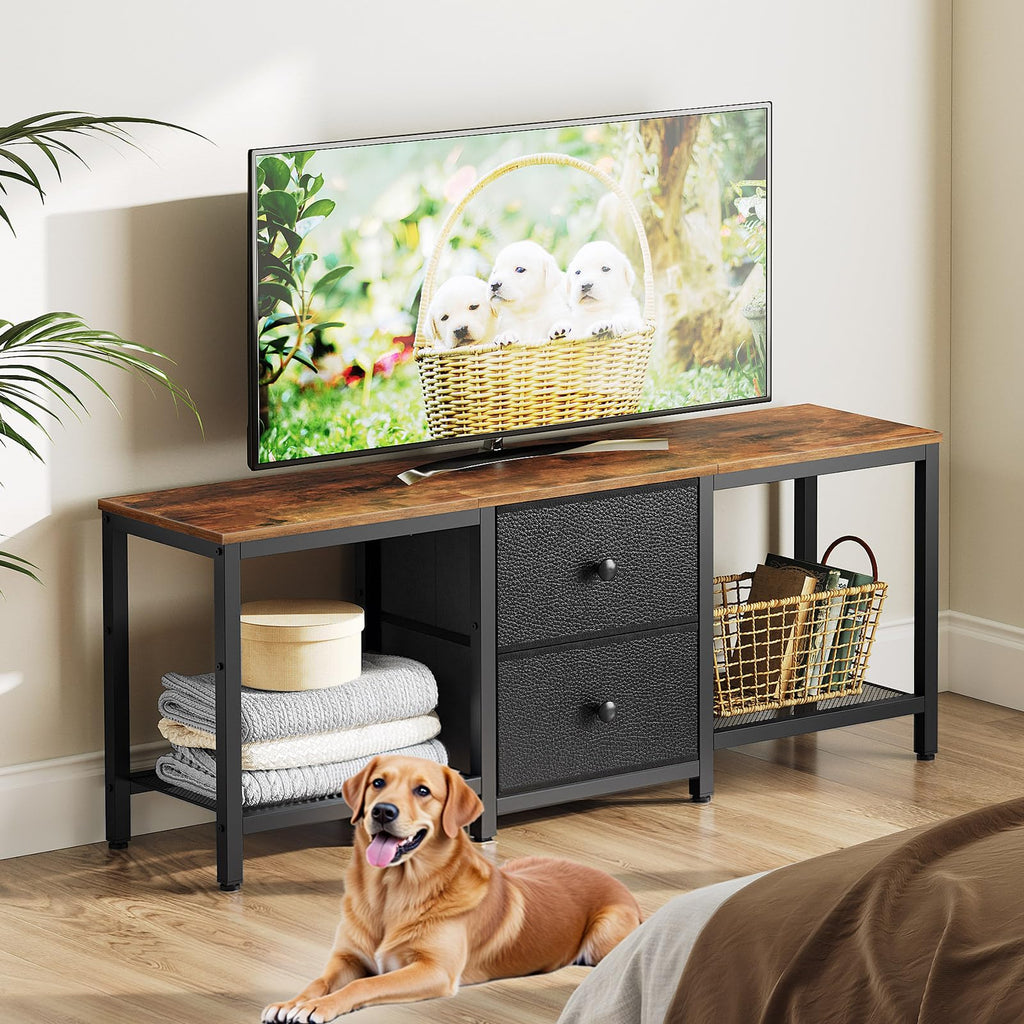 Rustic Brown and Black TV Stand with 2 Fabric Drawer B6866